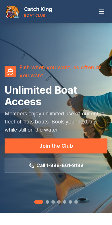 Mobile homepage of Catch King Boat Club